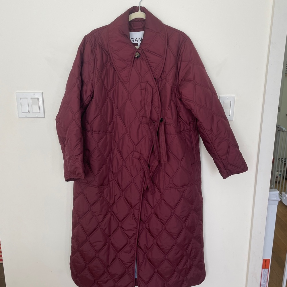 Ganni Burgundy Quilted Long Coat